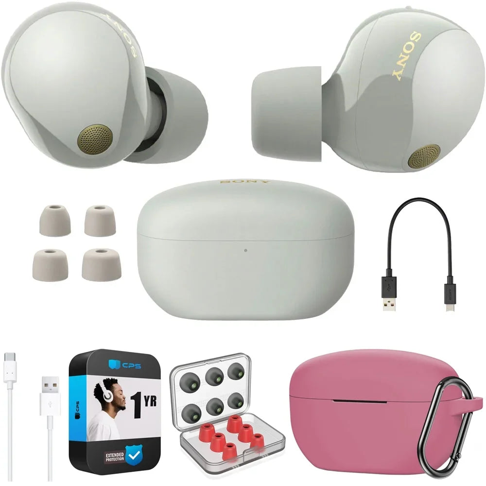 Case CPS Silicone Protection with Canceling Bundle Truly Ear (Pink), Industry Tips, (Silver) WF-1000XM5 Pack Foam USB-C USB-A Leading Cable 1 Enhanced YR Wireless to & Sony Earbuds Noise Memory
