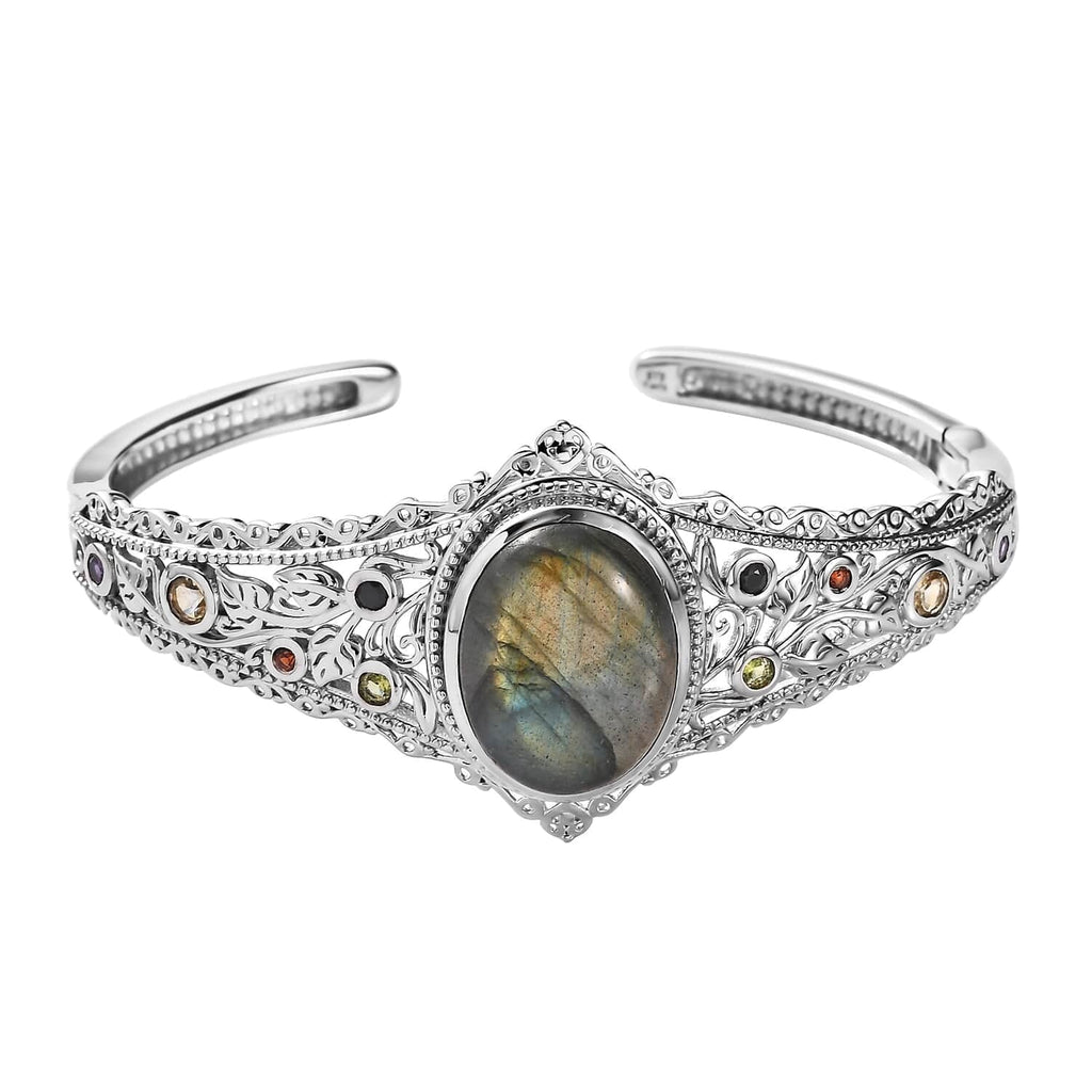 Multi Ct Birthday for Oval Mom for Shop Gifts Mothers LC Women Plated Platinum Cuff 15.05 Bracelet Day Size Gemstone Labradorite Bangle Jewelry 7.25"