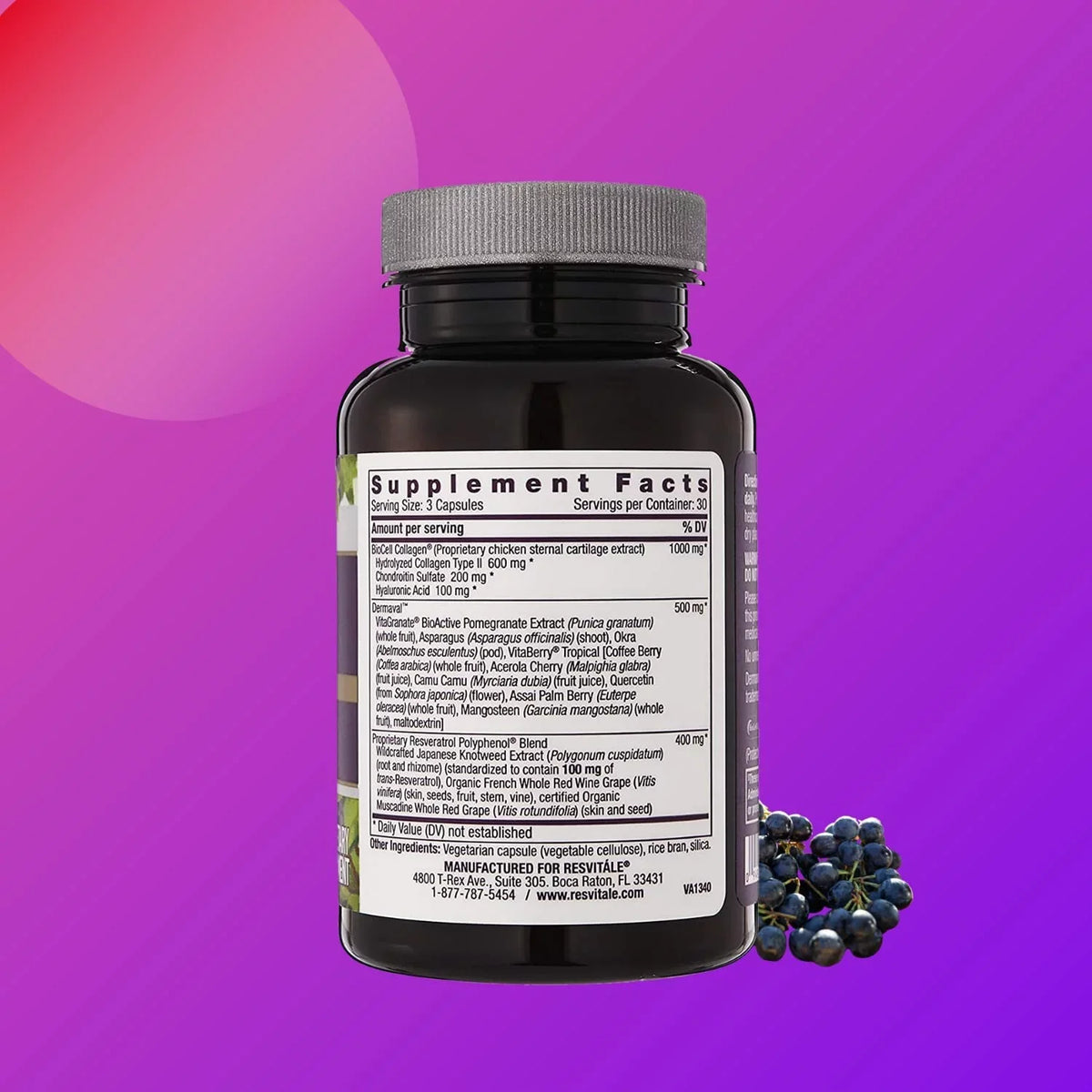 Extract Collagen Supplement Aging - Hydrolyzed Caps Hyaluronic Acid, Joint Dermaval Seed Care Skin Blend, and 90 Peptides, Collagen Grape Anti with ResVitale Ultra Resveratrol, Bioactive and Enhance