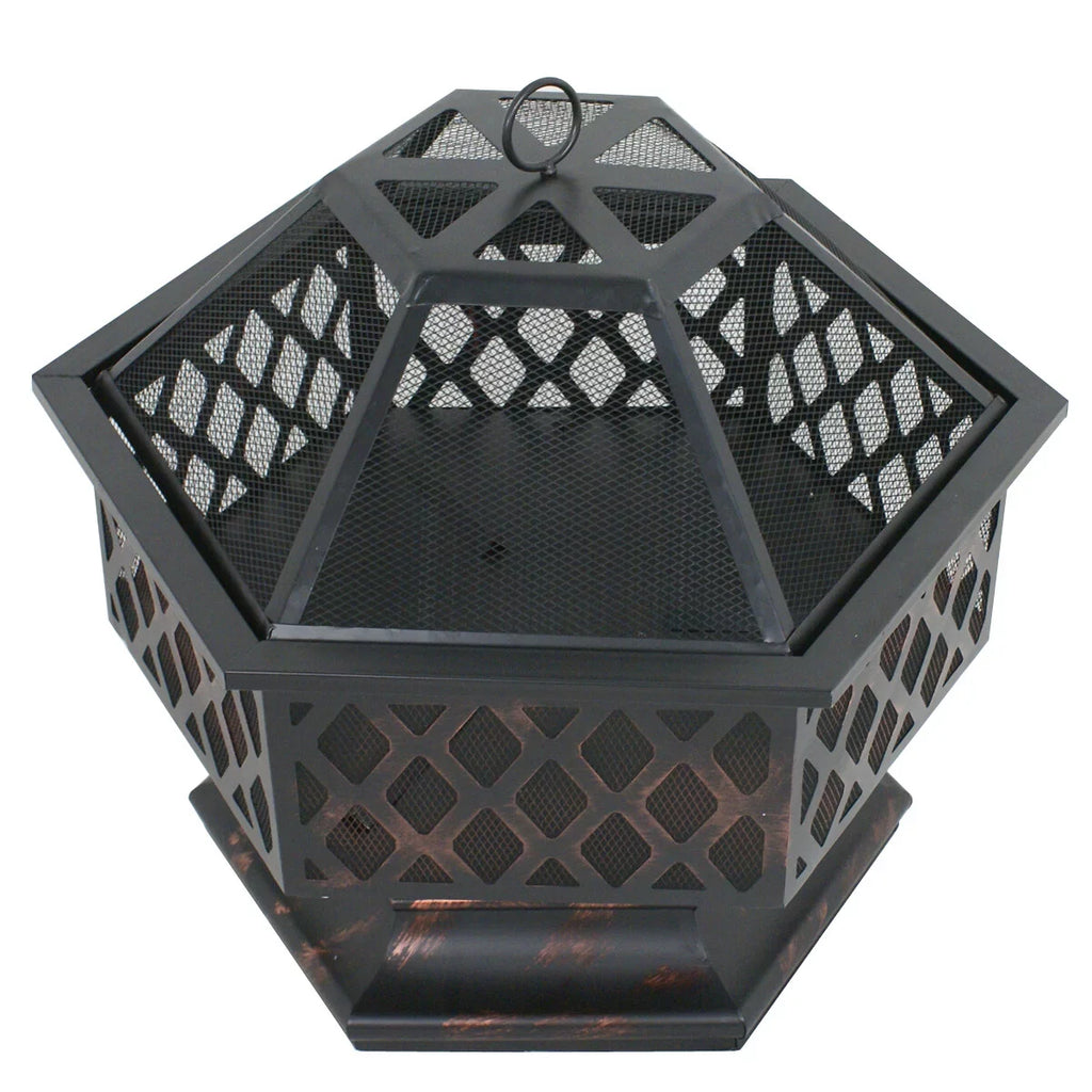 Portable Black Pit - Bonfire Wood Lid, ZenSports Backyard, Hex-Shaped Outdoor 24’’ Pire W/Mesh Burning