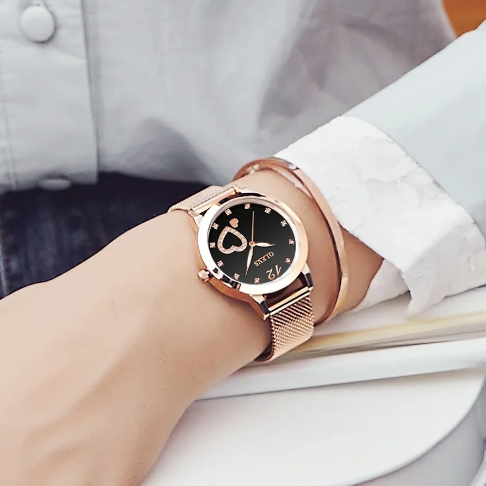 Mesh Olevs Big   Gifts Watch, Women's Wristwatch, Quartz Japanese Strap Rose Fashion  for Luminous Hearts Liquidproof Gold Face Watches, Women Female Diamond