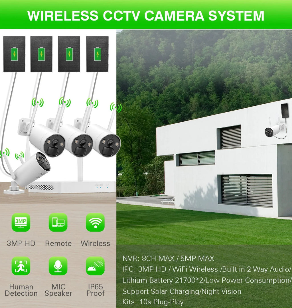 Wireless Panels HDD Solar 4 4Pcs , NVR 2.5inch Battery , Camera WiFi 3MP 8CH CCTV VIKVIZ System
