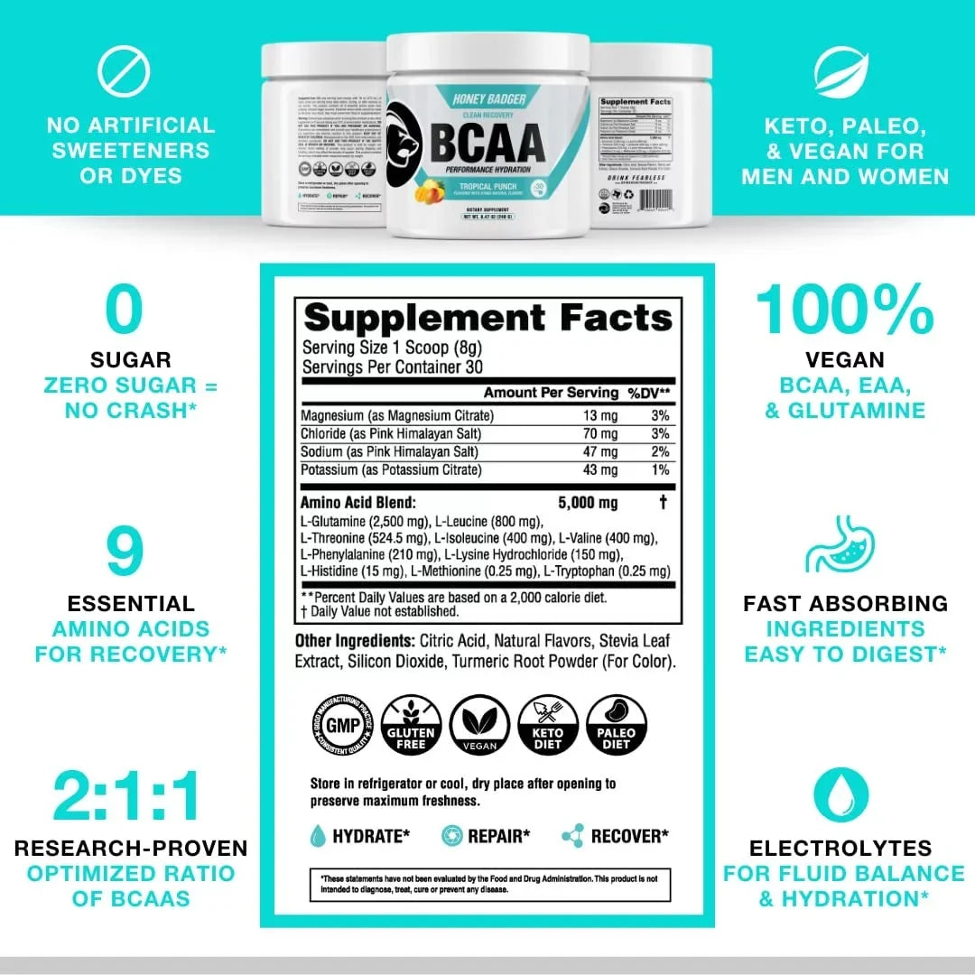 Honey Powder, Keto, Electrolytes Tropical Muscle Women, Workout Post Recovery Free EAA Badger Amino L-Glutamine Drink Servings with BCAAs & Men & + Punch, Vegan, BCAA Acids Mix, For Sugar 30 Hydration