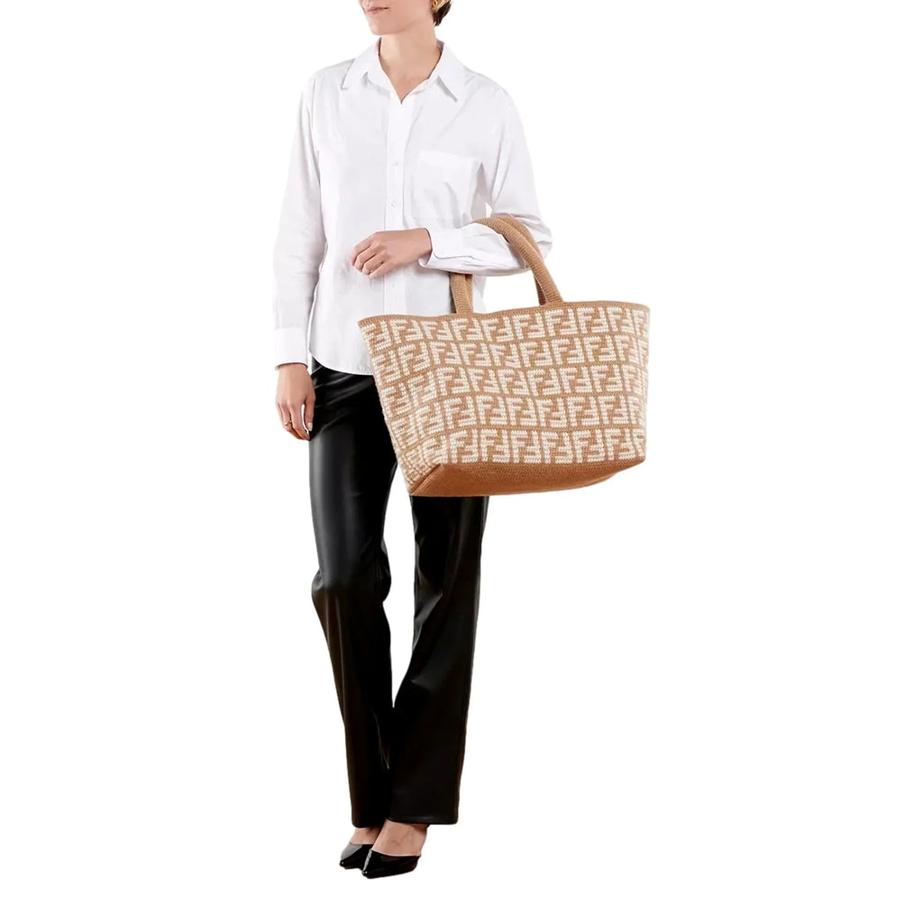 Shopper Tote Beige Cammello Bag Fendi Cashmere Large Knitted FF