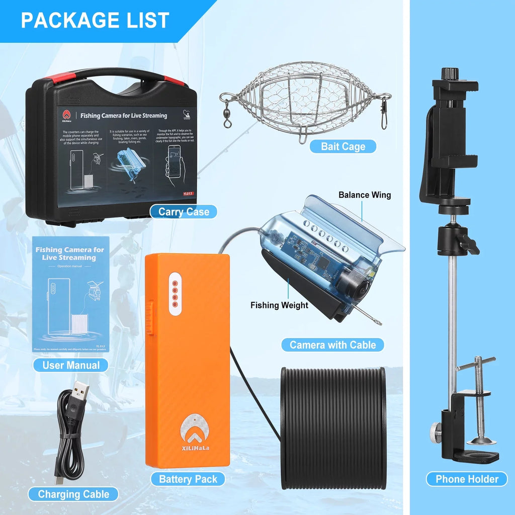 Finder Underwater Fishing Camera Cage Fishing for Fish Fishing with Case Ice with Cable Sea APP Camera 1080P Control Carry Kayak Video Holder Mobile Phone Lake Live Bait Dcenta 50M Boat