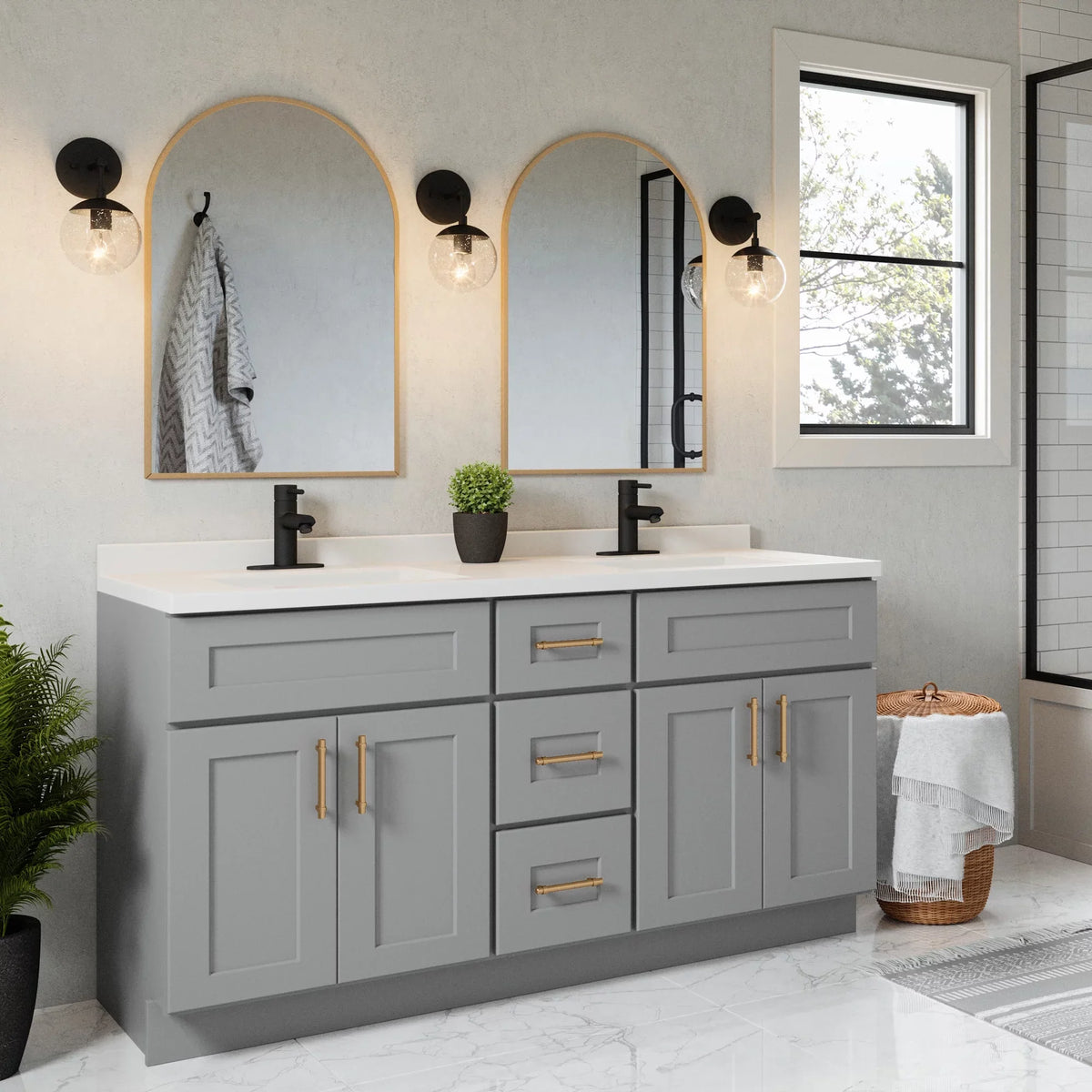 House Rectangle Design Mount Camilla Integrated 557678-WHT Vanity with Centerset Cultured Top Backsplash, Double White Solid 61-inch Marble Bowl