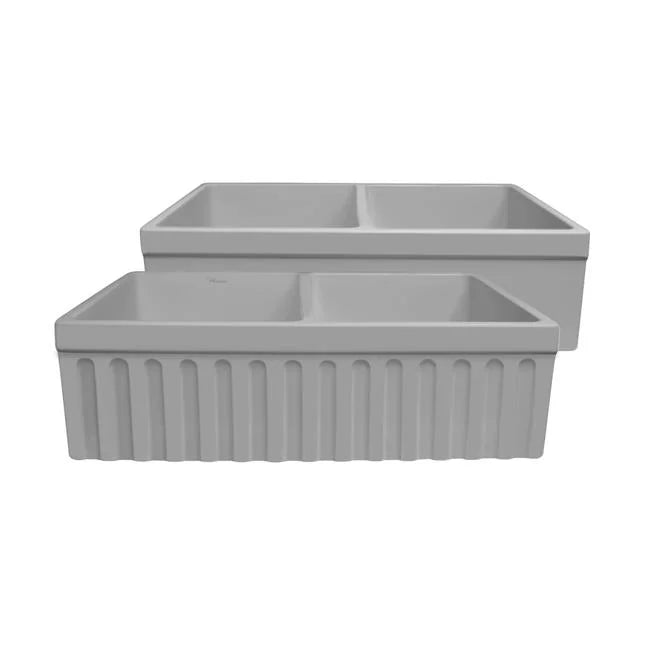 Matte Whitehaus Collection Fluted - with Front a Bowl Double Apron Farmhaus Fireclay Quatro Sink Fireclay Reversible Light Alcove Cement