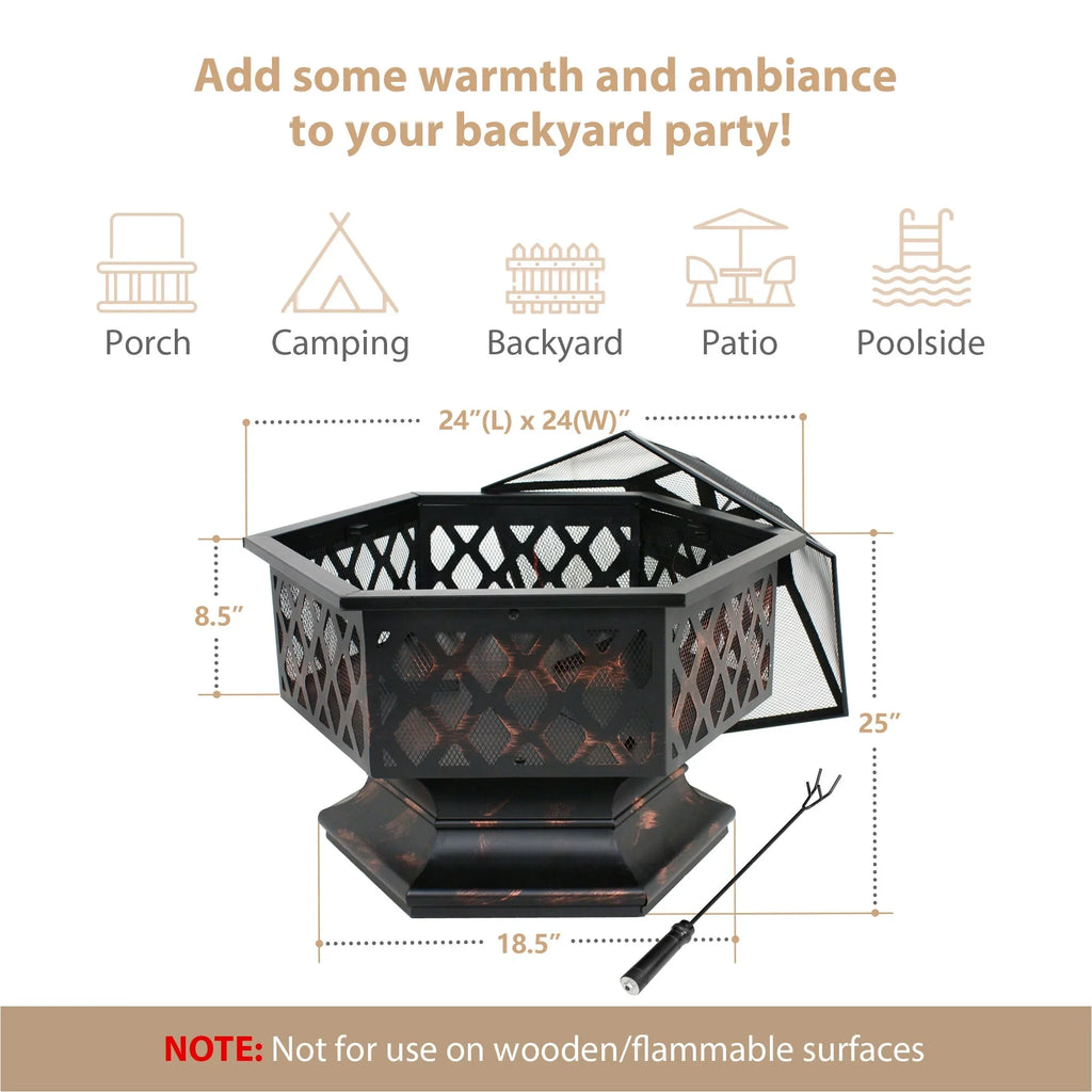 Portable Black Pit - Bonfire Wood Lid, ZenSports Backyard, Hex-Shaped Outdoor 24’’ Pire W/Mesh Burning