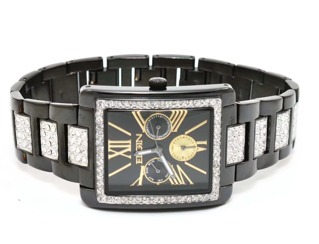 Quartz Black Elgin Band Watch Men`s Crystal IP & New FG10003 Multifunction Dial