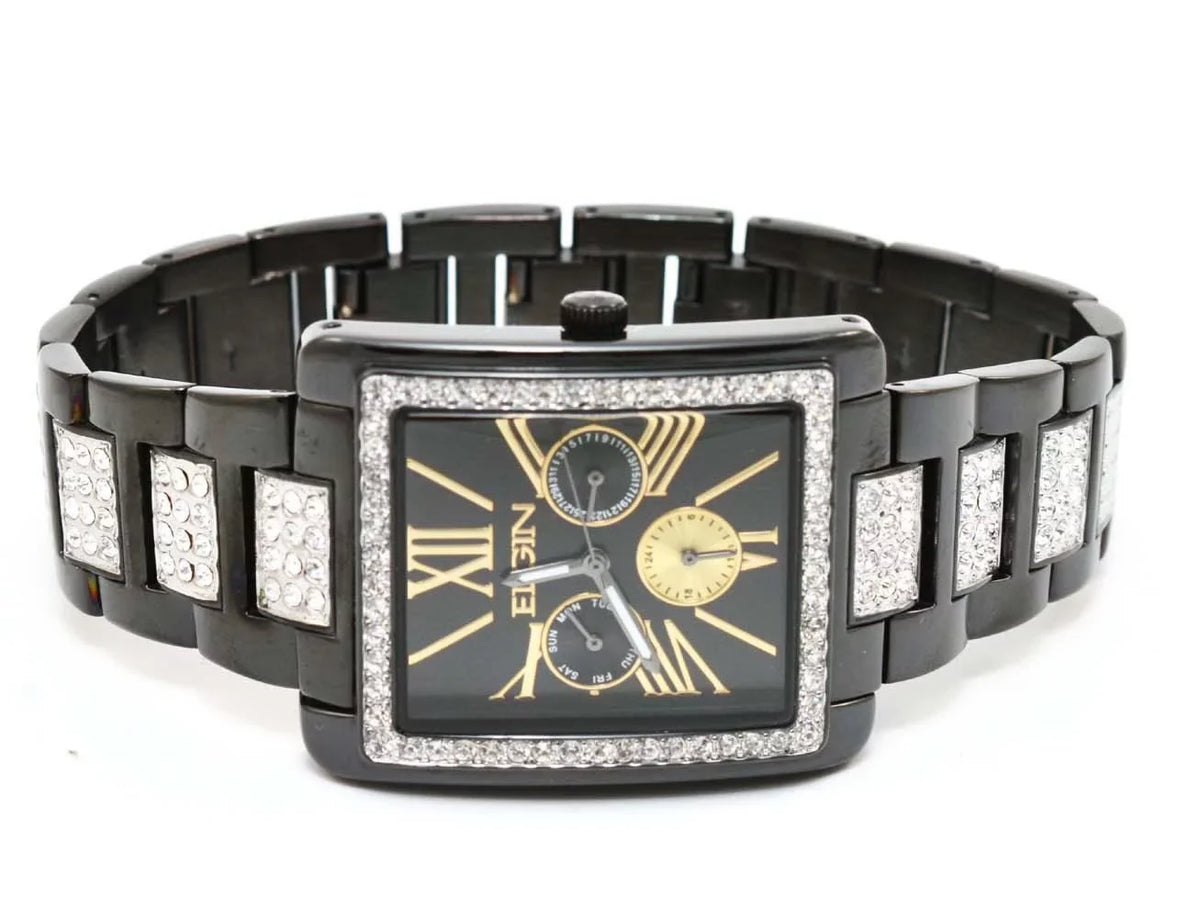 Quartz Black Elgin Band Watch Men`s Crystal IP & New FG10003 Multifunction Dial