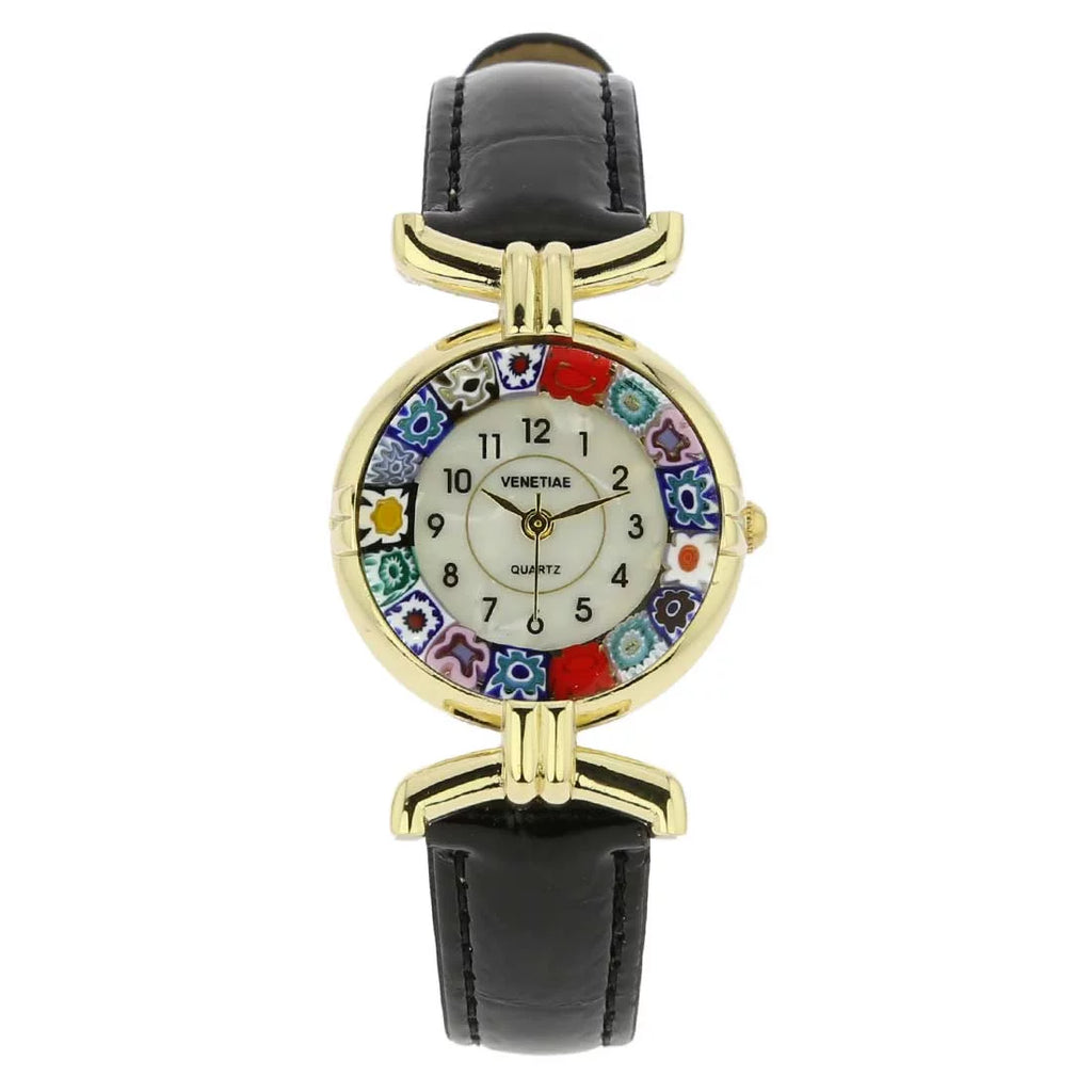 Leather GlassOfVenice Glass Watch Murano with Multicolor Black - Millefiori Band