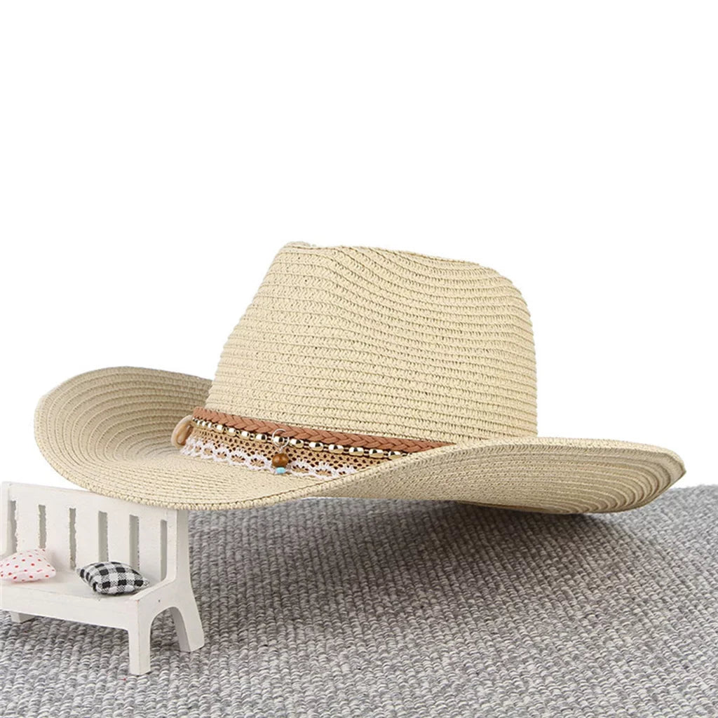 Brim Beige Floppy Packable Trilby Straw Design Big Hat Sun Cowboy Women Western