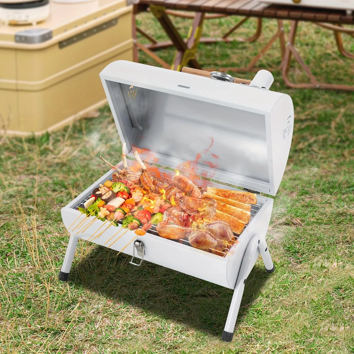 DFSDFGF32 White Thermometer BBQ Grill with Multi-functional
