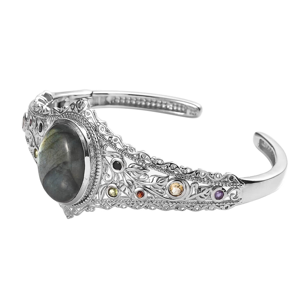 Multi Ct Birthday for Oval Mom for Shop Gifts Mothers LC Women Plated Platinum Cuff 15.05 Bracelet Day Size Gemstone Labradorite Bangle Jewelry 7.25"