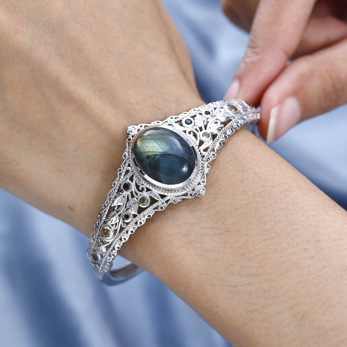 Multi Ct Birthday for Oval Mom for Shop Gifts Mothers LC Women Plated Platinum Cuff 15.05 Bracelet Day Size Gemstone Labradorite Bangle Jewelry 7.25"