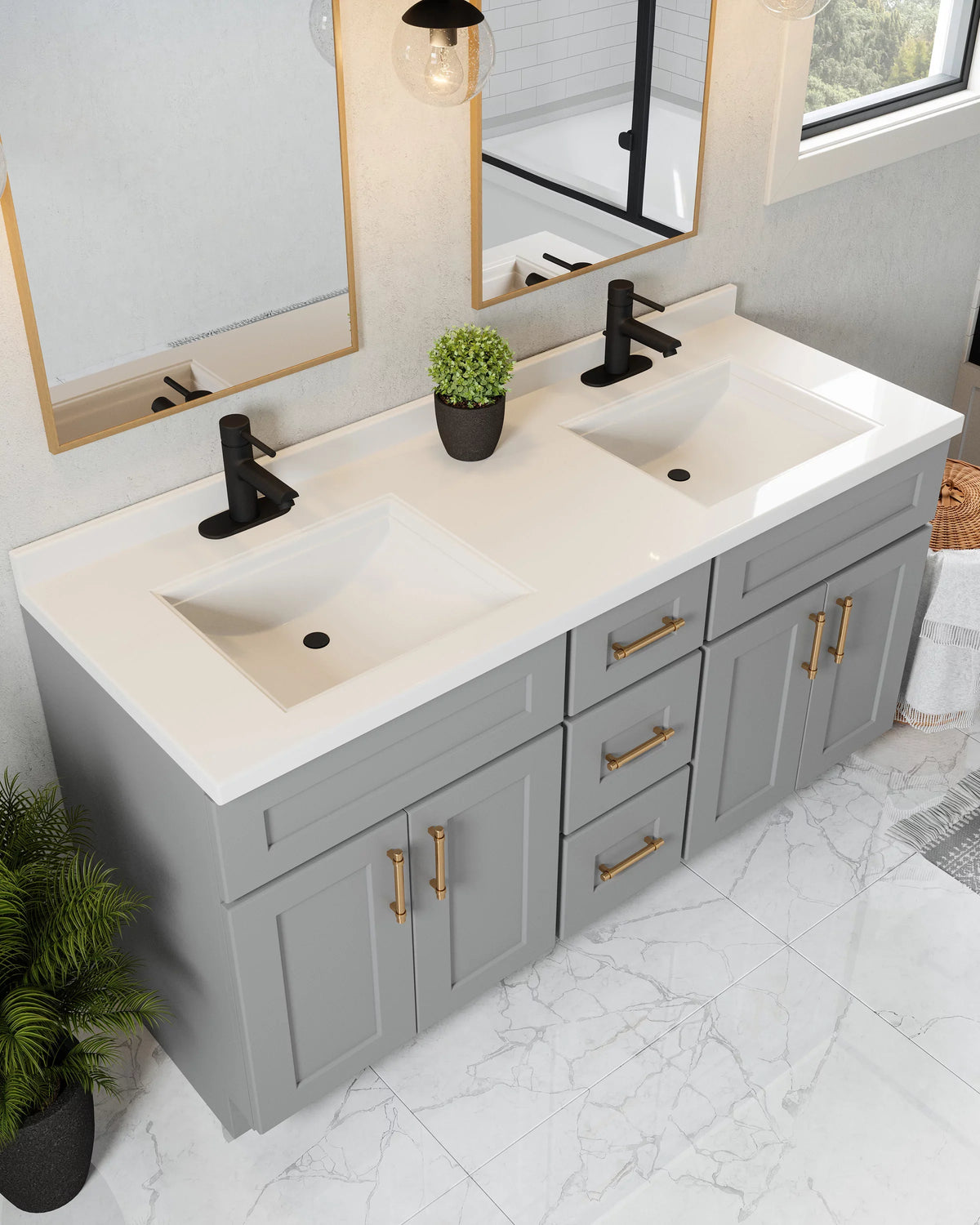 House Rectangle Design Mount Camilla Integrated 557678-WHT Vanity with Centerset Cultured Top Backsplash, Double White Solid 61-inch Marble Bowl