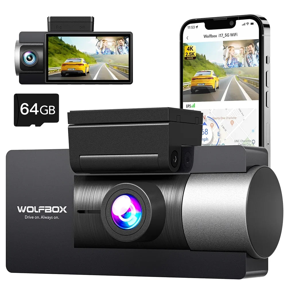 Rear, Dash Dual Camera with IR and 4K+2.5K Camera 3" Card, Dash Dash Vision, WiFi WOLFBOX Night with GPS, 5G Vehicle Cam Super Car LCD UHD Front Cam Built-in 4K 64GB