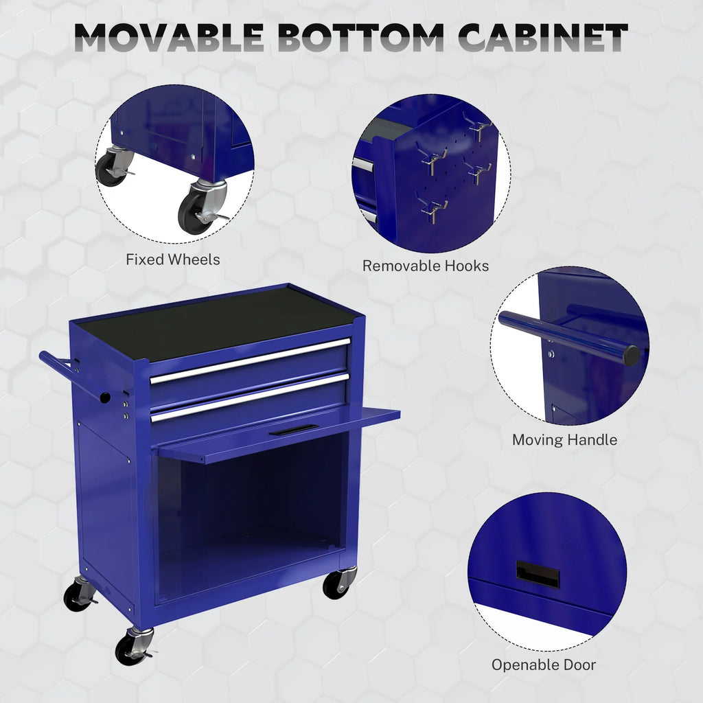Rolling Chest Double Drawers, Drawers, On Chest 2-IN-1 & Blue Sliding Large Box Drawers, Capacity Cabinet Lockable Tool Wheels Tool with Box, with with Tool Tool 8 Hidden Organizer