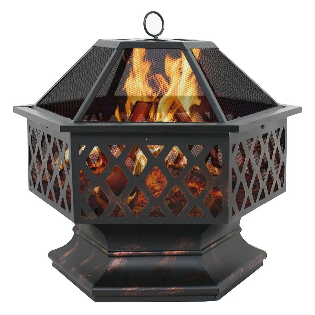 Portable Black Pit - Bonfire Wood Lid, ZenSports Backyard, Hex-Shaped Outdoor 24’’ Pire W/Mesh Burning