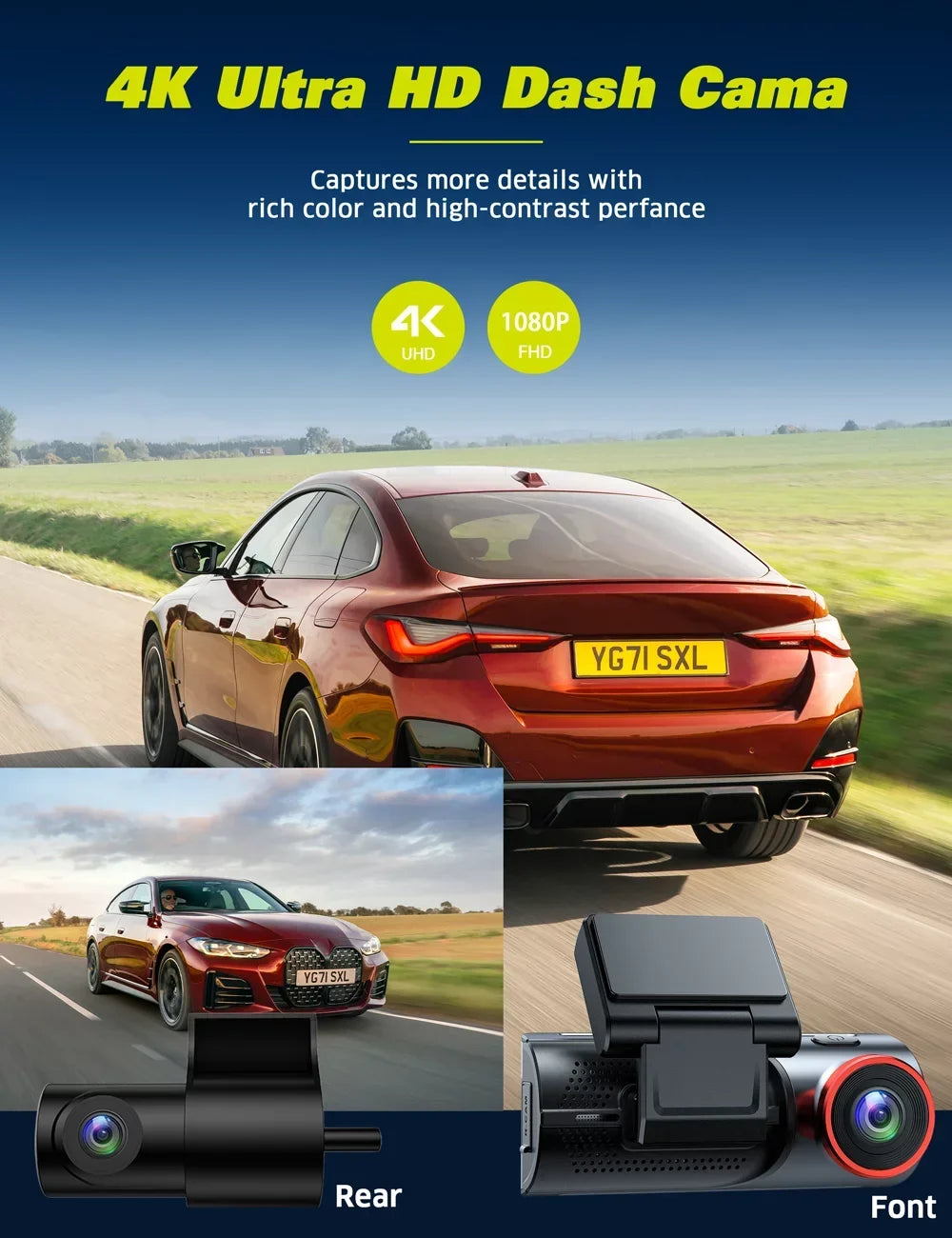 Dual Touch Rear Sensor Activated 3.16" Car Toguard Cam with Capacitor Emergency W/Motion and Front 4K WiFi Lock Dash IPS Camera GPS, Screen