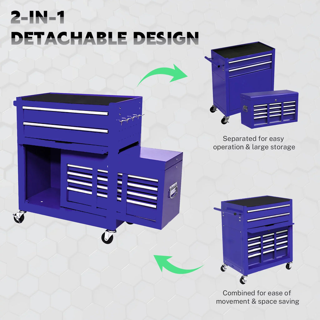 Rolling Chest Double Drawers, Drawers, On Chest 2-IN-1 & Blue Sliding Large Box Drawers, Capacity Cabinet Lockable Tool Wheels Tool with Box, with with Tool Tool 8 Hidden Organizer