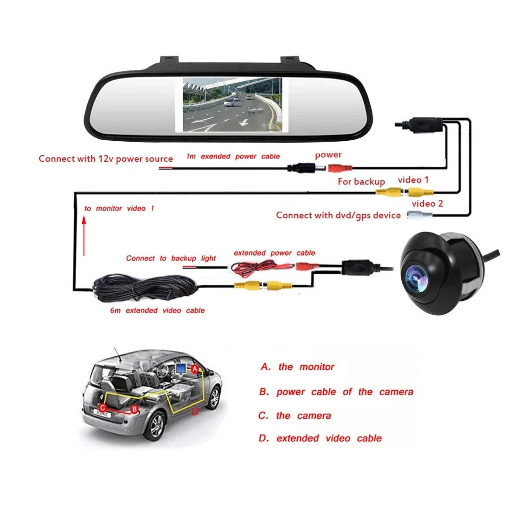 Reverse Car Camera System Security 4.3" Mirror Kit + Car Monitor Vehicle
