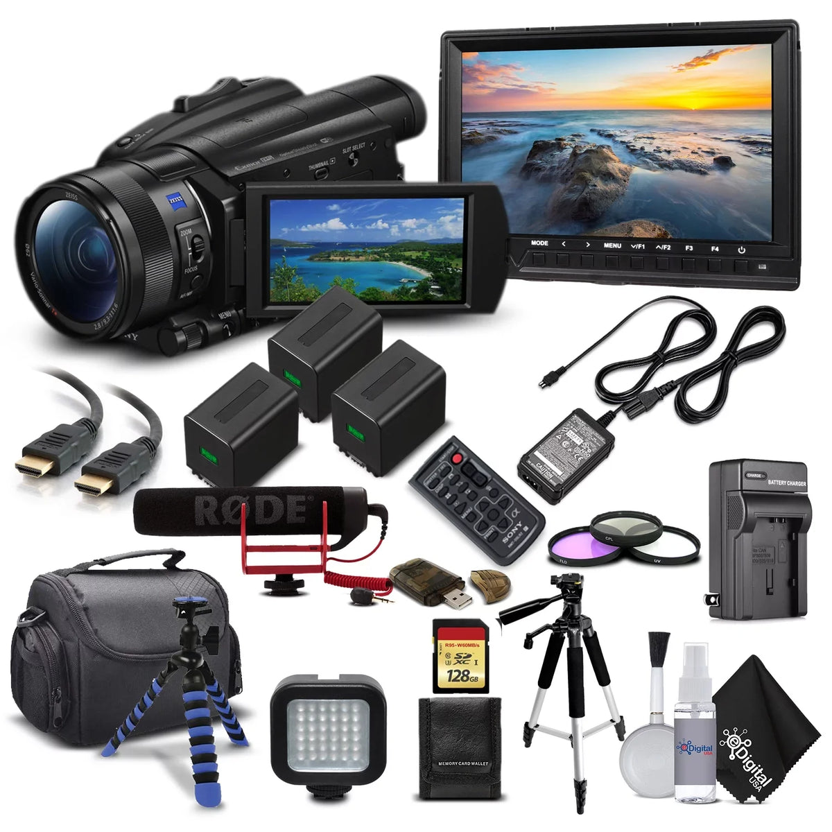 Sony + Extra Card 128GB 2 HD + + + and Video 4K FDR-AX700 Batteries M Charger Camcorder Memory Handycam Case Camera
