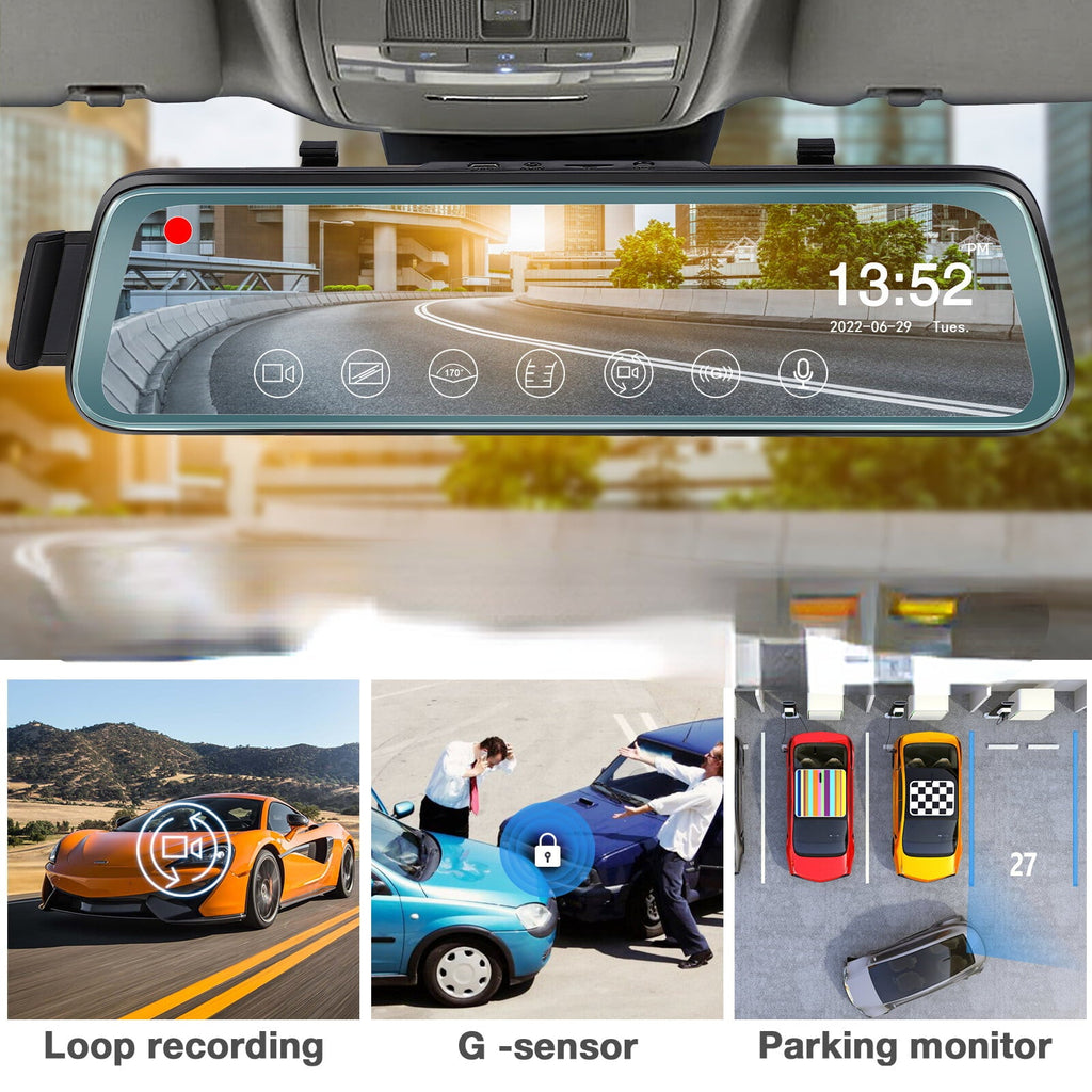 Mirror ViewFHD Dash Full w Rear Screen ' Parking Monitor Angle 10' Rear Cam Recording, Touch Mirror 1080P Backup Camera Wide 170° Front Camera and G-Sensor, Loop Cheefull