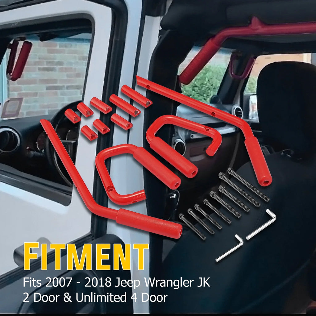 & WEISEN- Coated Aluminum Handles 07-18 Set Full Rear Powder JK Front Bar Red Jeep Wrangler for Grab