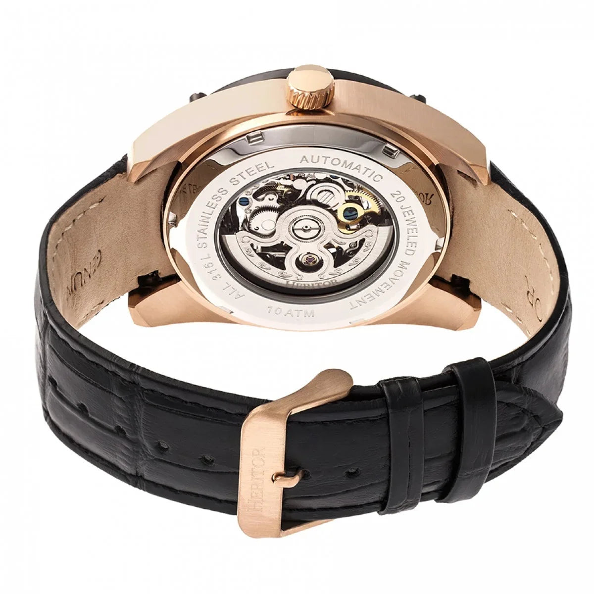 Heritor Semi-Skeleton Gold Mens Black Automatic Leather HERHR7406 & - Watch Rose Band Daniels