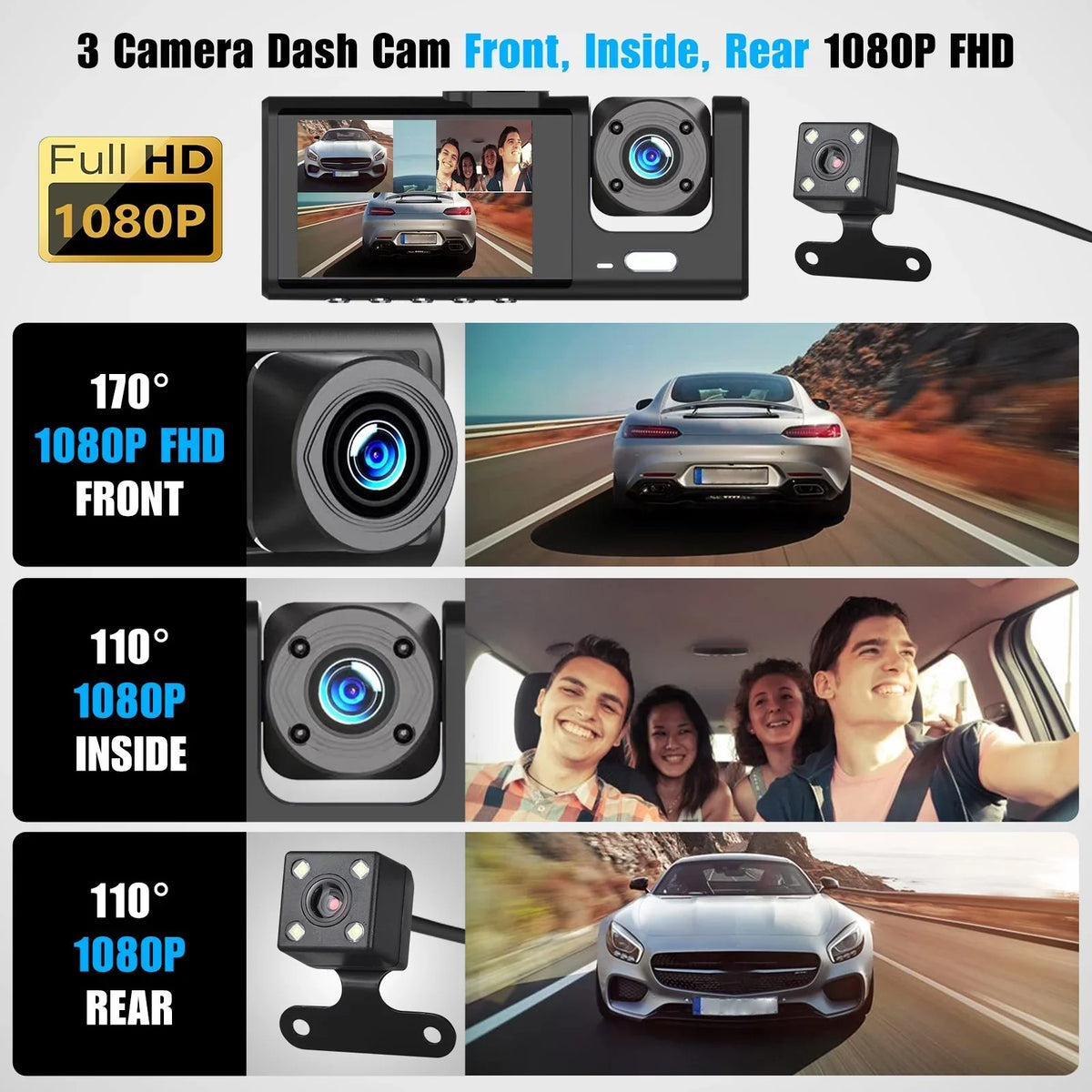 Night Cam Triple IR Camera Inside Dash Rear W/32GB 1080P Front Dual Cam, Dash DVR 3 Camera, Inside Driving TF Recorder, 3 Dashboard Channel Backup G-Sensor Card, Way Car Vision,