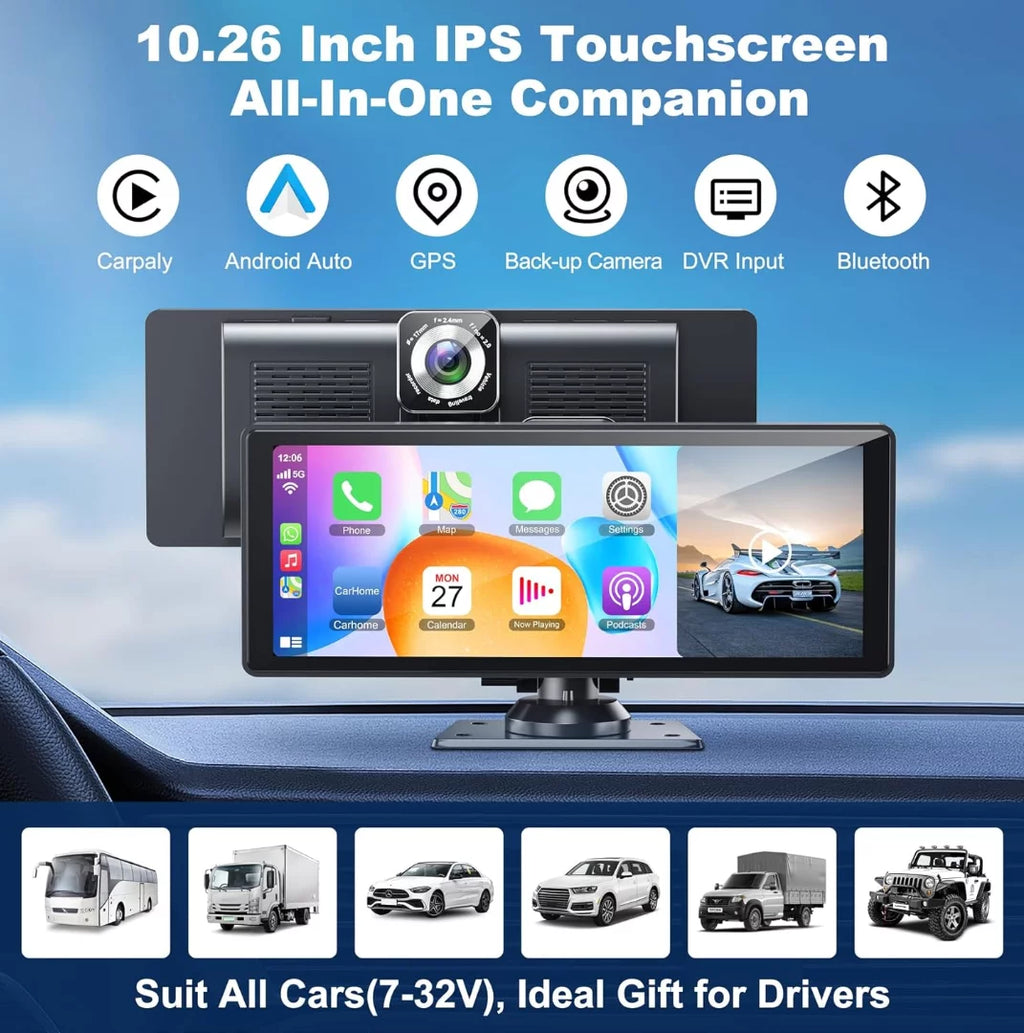 Inch Android Dashcam Carplay& 4K IPS with Back-up Portable Bluetooth/Siri/Google/GPS/Mirror-Link Touchscreen Wireless HD Auto Screen,10.26 and Support Car Camera