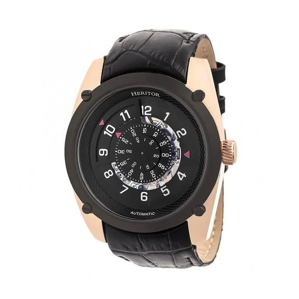 Heritor Semi-Skeleton Gold Mens Black Automatic Leather HERHR7406 & - Watch Rose Band Daniels