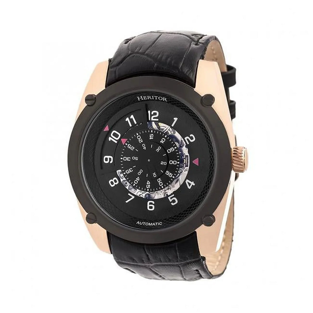 Heritor Semi-Skeleton Gold Mens Black Automatic Leather HERHR7406 & - Watch Rose Band Daniels