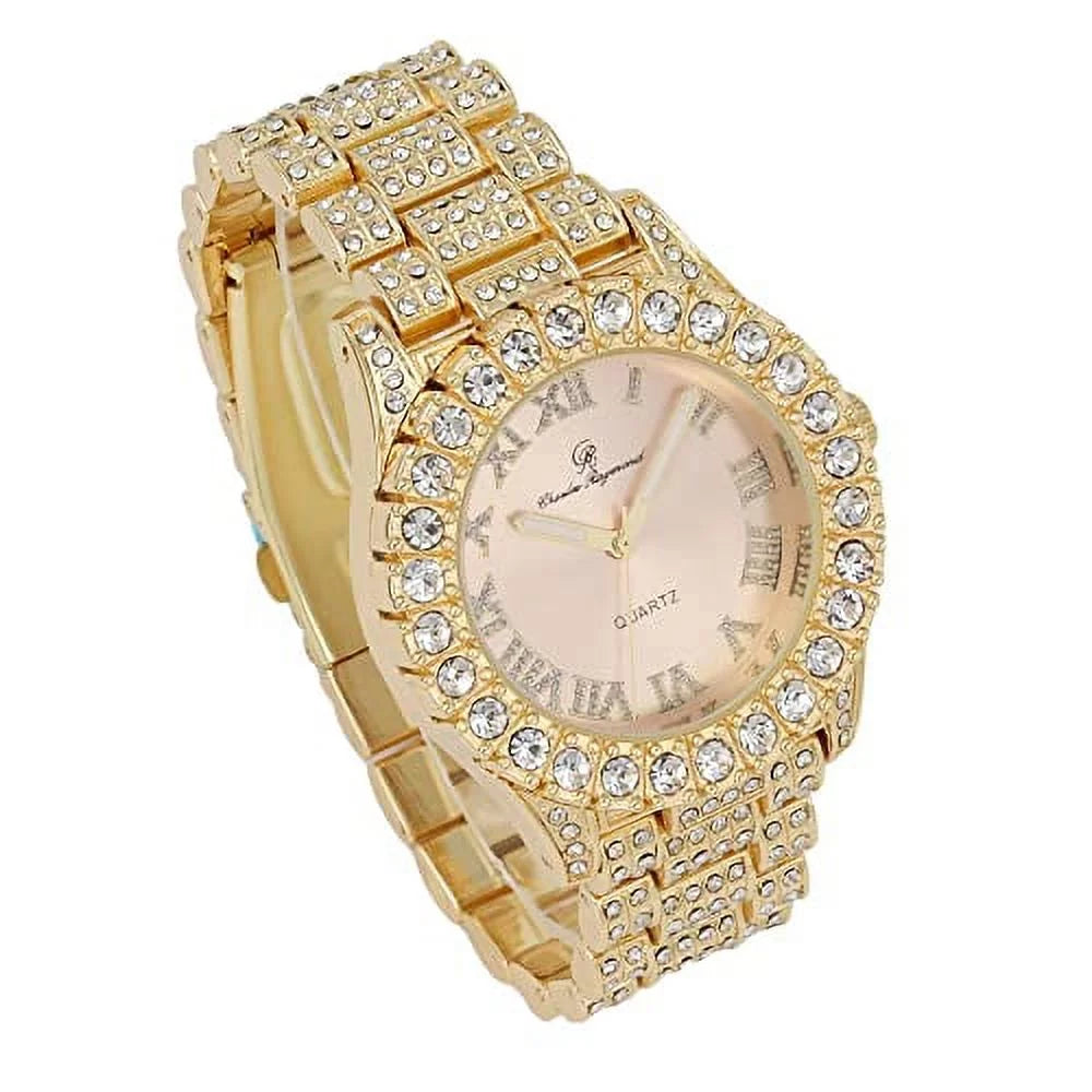 '- Blush) Rocks Fully Bracelet Big Tennis Bling'ed Out (TLA ST10327LA Watch Dial Bezel Iced Gold Women's Numerals with - Out Colored Roman w/Matching