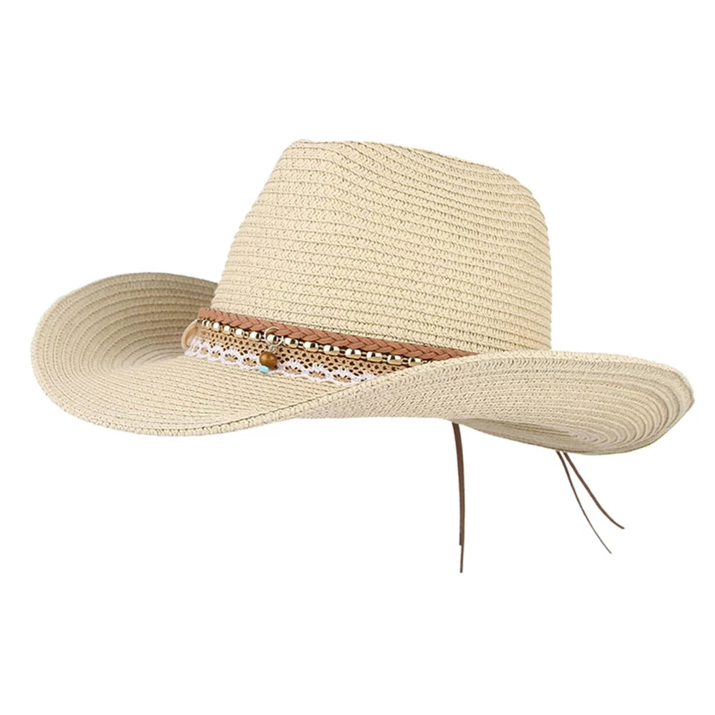 Brim Beige Floppy Packable Trilby Straw Design Big Hat Sun Cowboy Women Western
