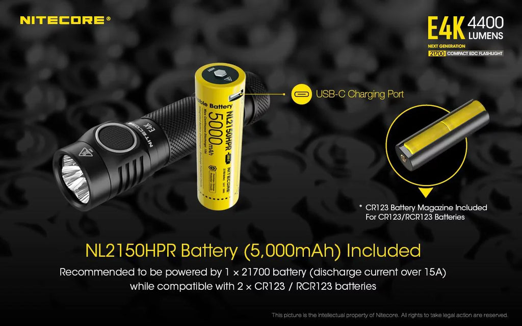 Li-ion generation V6 Battery FREE - Battery 21700 Rechargeable Next 4x Eco-Sensa Lumens 4400 CREE 1x Compact EDC Flashlight and XP-L2 w/ - NITECORE NITECORE Case E4K 21700