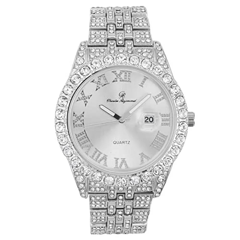 Colorful Out Watch Fully Rocks Date Hip Dials- and Out Big Numerals Raymond Timepiece Mens ST0226RND Cuban Charles Hop w/Roman Blinged Read - Silver w/Easy Designer Silver Iced