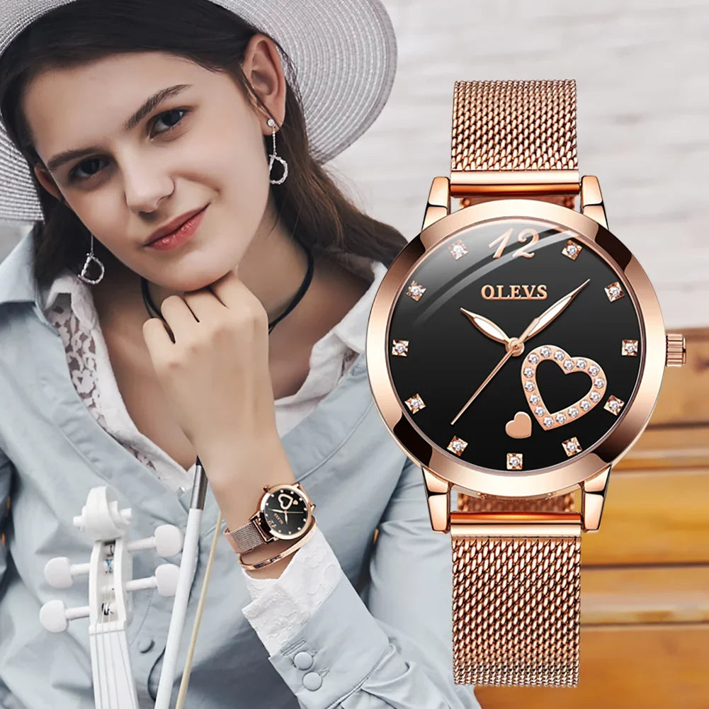 Mesh Olevs Big   Gifts Watch, Women's Wristwatch, Quartz Japanese Strap Rose Fashion  for Luminous Hearts Liquidproof Gold Face Watches, Women Female Diamond