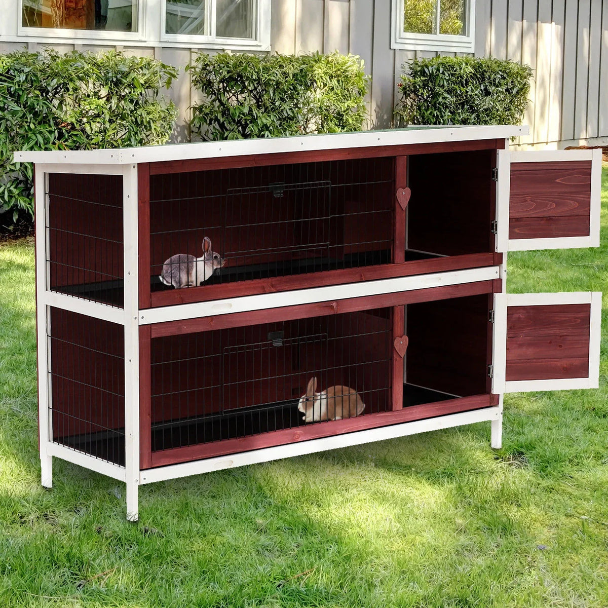 Rabbit Pull-Out with Weatherproof And Elevated Hutch 54" PawHut Run Stackable Wooden Enclosed 2-Story, Fun Trays,