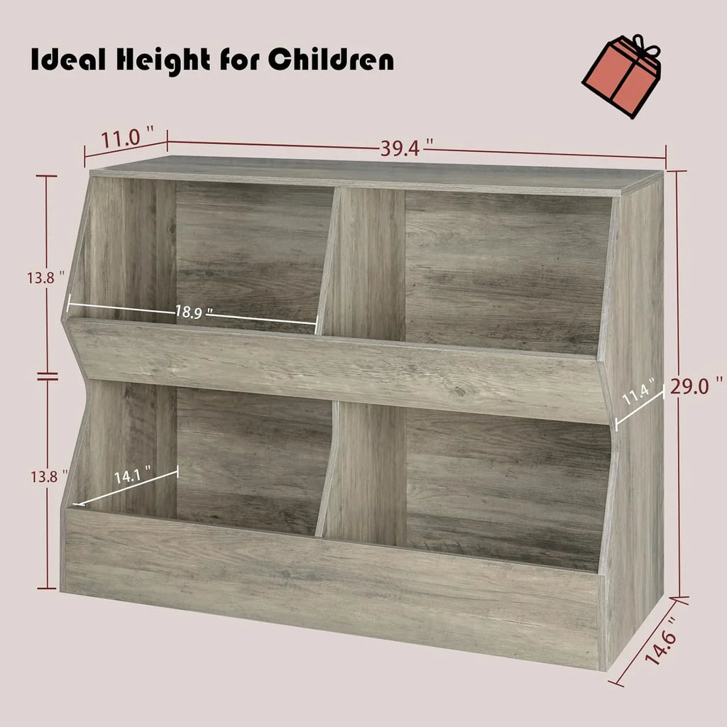 Cubby Shelf Bookcase, Storage Cabinet, Bedroom, Long, Wooden YGDU 39.4" Storage for Gray School, Book Toy Nursery, Children Hallway, Toddler , Kids Toy 4 Toy Organizer, Wash