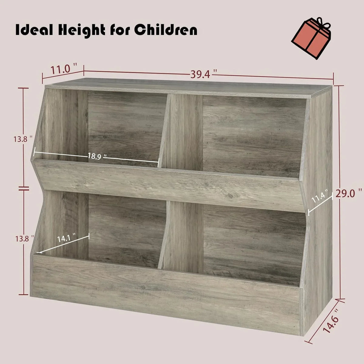 Cubby Shelf Bookcase, Storage Cabinet, Bedroom, Long, Wooden YGDU 39.4" Storage for Gray School, Book Toy Nursery, Children Hallway, Toddler , Kids Toy 4 Toy Organizer, Wash
