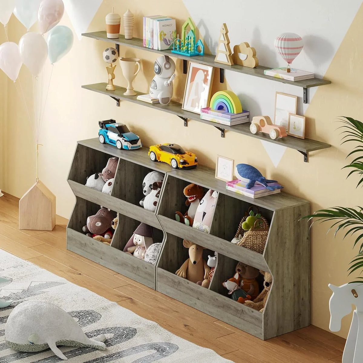 Cubby Shelf Bookcase, Storage Cabinet, Bedroom, Long, Wooden YGDU 39.4" Storage for Gray School, Book Toy Nursery, Children Hallway, Toddler , Kids Toy 4 Toy Organizer, Wash