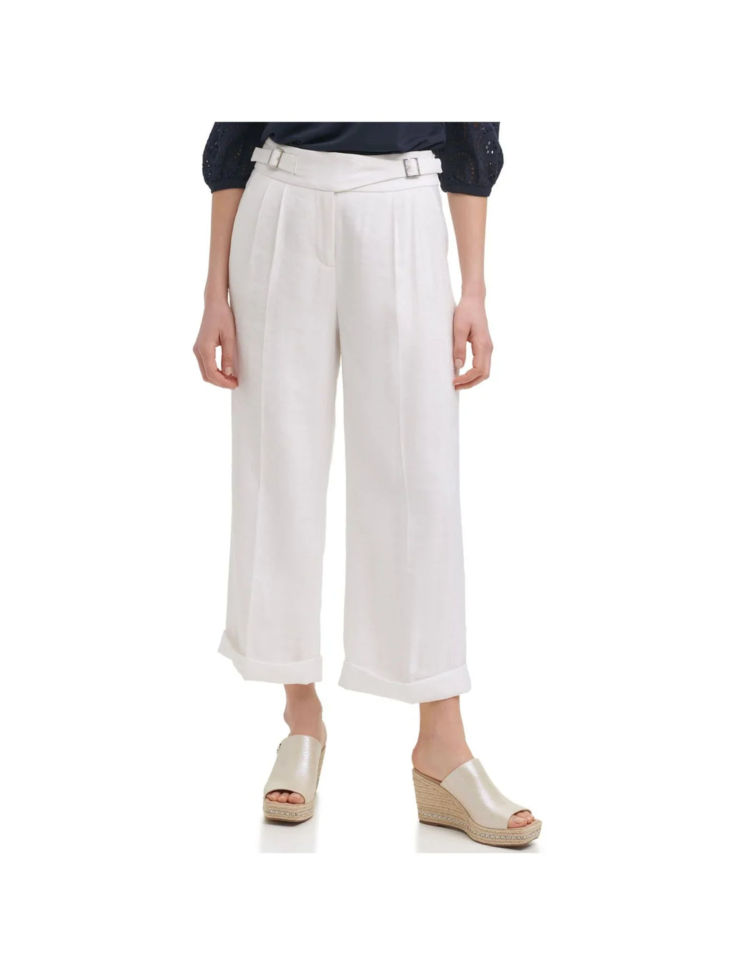 To Wide Work Fastened Hook Leg French Cuffed KARL Fly Hem PARIS Wear  Pants Pocketed White LAGERFELD 10