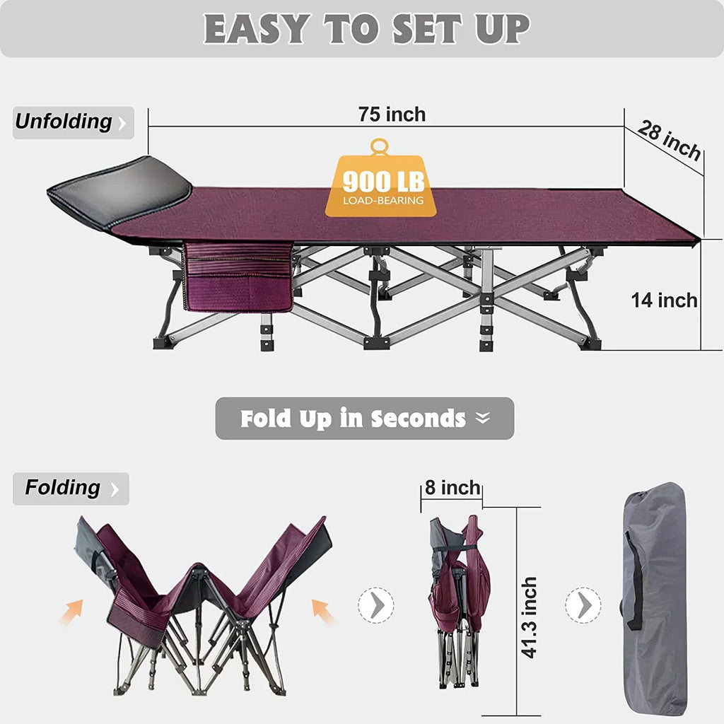 Folding Adjustable - Oxford Camp Heavy Layer, 1200D Travel Duty Camping Cot Outdoor with Mat Bed, Adults for Cots