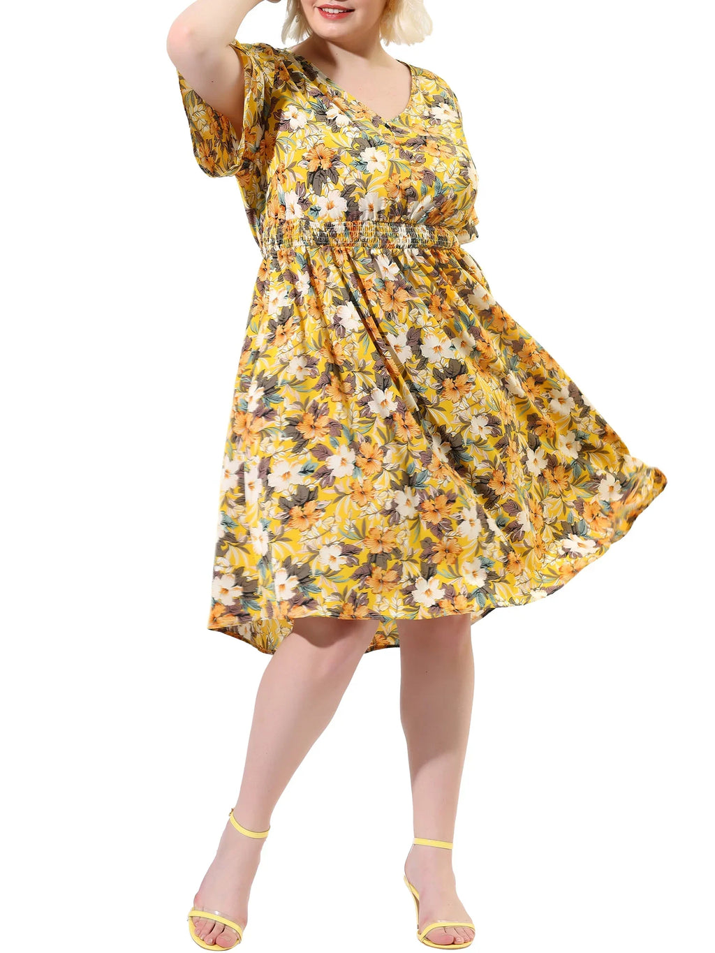 Sleeve Yellow NOVA Juniors' Midi Print Floral 3X V Neck Relaxed  MODA Flare Plus