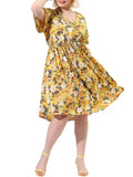 Sleeve Yellow NOVA Juniors' Midi Print Floral 3X V Neck Relaxed  MODA Flare Plus