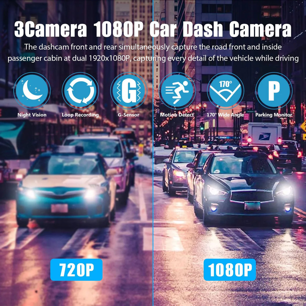 Night Cam Triple IR Camera Inside Dash Rear W/32GB 1080P Front Dual Cam, Dash DVR 3 Camera, Inside Driving TF Recorder, 3 Dashboard Channel Backup G-Sensor Card, Way Car Vision,