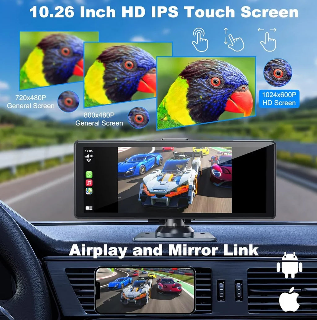 Inch Android Dashcam Carplay& 4K IPS with Back-up Portable Bluetooth/Siri/Google/GPS/Mirror-Link Touchscreen Wireless HD Auto Screen,10.26 and Support Car Camera