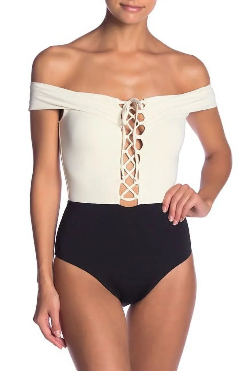 8 One US CREAM/BLACK/CAMEL Piece Swimsuit, L*Space Off-the-Shoulder
